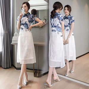 2021 Summner Retro Floral Printed Women Dress Stand Collar Half Sleeve Improved Cheongsam Blue and white Ink Elegant Dress