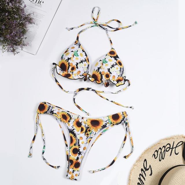 2021 Sunflower Printed Bikini Set Sexy Swimwear Women Mujer Push Up Padded Biquini Bathers Bandage Bathing Suit Swimsuit Bikini