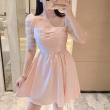 Load image into Gallery viewer, 2021 Temperament Square Collar Mesh Puff Sleeve Patchwork Chiffon Pink Dress Retro Women Sweet Ruched Mini Vestidos Female