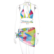 Load image into Gallery viewer, 2021 Tie Dye Women&#39;S Three Piece Set Swim Suit Lace Up Halter Bra Bandage Mini Skirt Beach Sexy 2021 Summer Clothes Matching