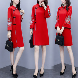 2021  Traditional Chinese New Year Clothes for Woman Winter Thick Cheongsam Dress Crane Embroidery Vintage Female Qipao Dress