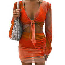 Load image into Gallery viewer, 2021 Trendy Women Sexy Tie-dye Print 2 Piece Set Long Sleeve V Neck Crop Top+Skinny Mini Skirt Bikini Cover Up Beach Outfit Suit