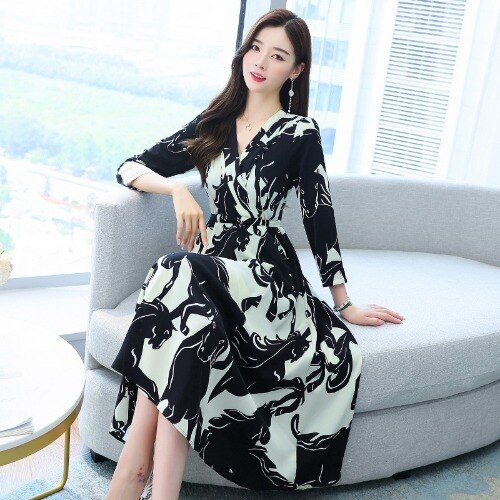 2021 V-Neck High Waist Plus Size Fashion Midi Dress Women Autumn Long Sleeve Print Korean Style Casual Dresses Female Vestidos