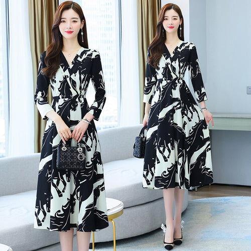 2021 V-Neck High Waist Plus Size Fashion Midi Dress Women Autumn Long Sleeve Print Korean Style Casual Dresses Female Vestidos