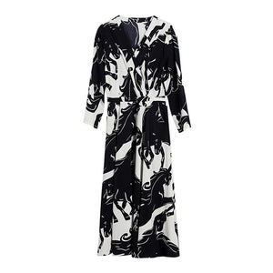 2021 V-Neck High Waist Plus Size Fashion Midi Dress Women Autumn Long Sleeve Print Korean Style Casual Dresses Female Vestidos