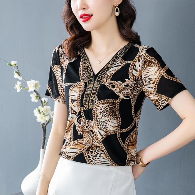 2021 Vintage Short Sleeve Blouse Women Fashion Elegant Black Print Tops Lady Plus Size Blouses Female Beading Shirt Ladies