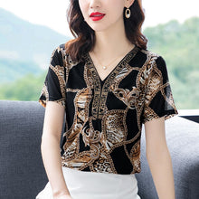 Load image into Gallery viewer, 2021 Vintage Short Sleeve Blouse Women Fashion Elegant Black Print Tops Lady Plus Size Blouses Female Beading Shirt Ladies