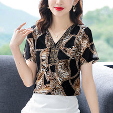 Load image into Gallery viewer, 2021 Vintage Short Sleeve Blouse Women Fashion Elegant Black Print Tops Lady Plus Size Blouses Female Beading Shirt Ladies