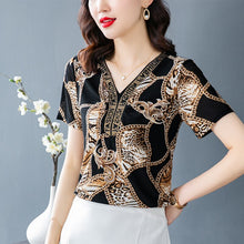 Load image into Gallery viewer, 2021 Vintage Short Sleeve Blouse Women Fashion Elegant Black Print Tops Lady Plus Size Blouses Female Beading Shirt Ladies