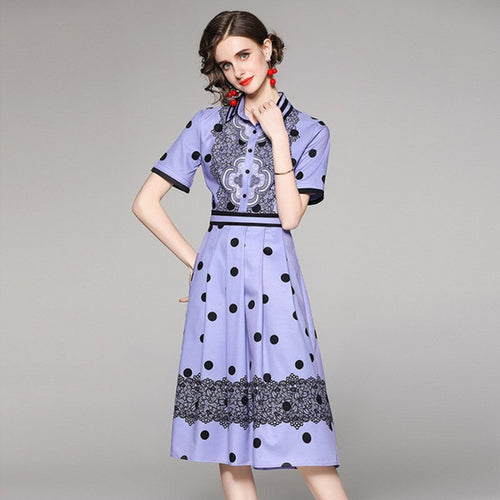 2021 Vintage Summer  High Waist Polka Dot Pleated Midi Dress Elegant Turn Down Collar Single Breasted Casual Slim Midi Dresses
