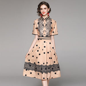 2021 Vintage Summer  High Waist Polka Dot Pleated Midi Dress Elegant Turn Down Collar Single Breasted Casual Slim Midi Dresses
