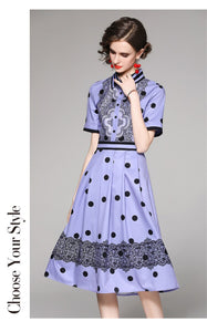 2021 Vintage Summer  High Waist Polka Dot Pleated Midi Dress Elegant Turn Down Collar Single Breasted Casual Slim Midi Dresses