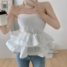 Load image into Gallery viewer, 2021 Vintage Summer Ladies Sexy Solid Color Strapless Tops Women Elegant Fashion Two Layer Ruffle Short Chic Shirts Female