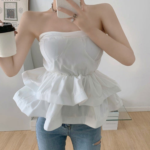 2021 Vintage Summer Ladies Sexy Solid Color Strapless Tops Women Elegant Fashion Two Layer Ruffle Short Chic Shirts Female