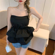 Load image into Gallery viewer, 2021 Vintage Summer Ladies Sexy Solid Color Strapless Tops Women Elegant Fashion Two Layer Ruffle Short Chic Shirts Female