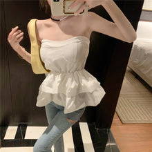 Load image into Gallery viewer, 2021 Vintage Summer Ladies Sexy Solid Color Strapless Tops Women Elegant Fashion Two Layer Ruffle Short Chic Shirts Female