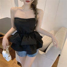 Load image into Gallery viewer, 2021 Vintage Summer Ladies Sexy Solid Color Strapless Tops Women Elegant Fashion Two Layer Ruffle Short Chic Shirts Female