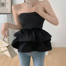 Load image into Gallery viewer, 2021 Vintage Summer Ladies Sexy Solid Color Strapless Tops Women Elegant Fashion Two Layer Ruffle Short Chic Shirts Female