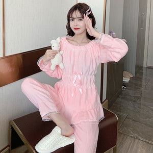 2021 Winter Cute Lace Bow Long Sleeve Thick Warm Flannel Pajama Sets for Women Coral Velvet Sleepwear Suit Homewear Home Clothes