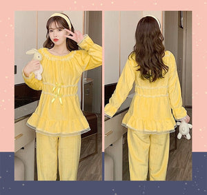 2021 Winter Cute Lace Bow Long Sleeve Thick Warm Flannel Pajama Sets for Women Coral Velvet Sleepwear Suit Homewear Home Clothes