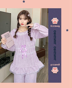 2021 Winter Cute Lace Bow Long Sleeve Thick Warm Flannel Pajama Sets for Women Coral Velvet Sleepwear Suit Homewear Home Clothes