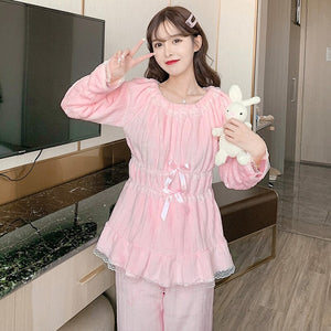 2021 Winter Cute Lace Bow Long Sleeve Thick Warm Flannel Pajama Sets for Women Coral Velvet Sleepwear Suit Homewear Home Clothes