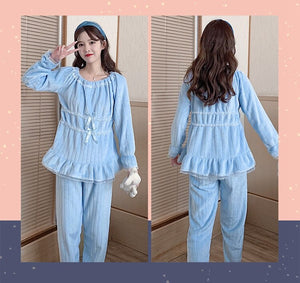 2021 Winter Cute Lace Bow Long Sleeve Thick Warm Flannel Pajama Sets for Women Coral Velvet Sleepwear Suit Homewear Home Clothes