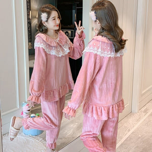 2021 Winter Long Sleeve Cute Lace Princess Thick Warm Flannel Pajama Sets for Women Coral Velvet Sleepwear Homewear Home Clothes