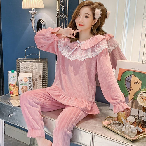 2021 Winter Long Sleeve Cute Lace Princess Thick Warm Flannel Pajama Sets for Women Coral Velvet Sleepwear Homewear Home Clothes