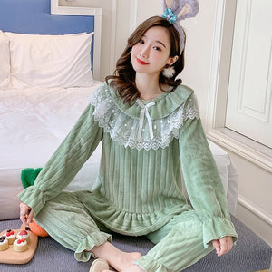 2021 Winter Long Sleeve Cute Lace Princess Thick Warm Flannel Pajama Sets for Women Coral Velvet Sleepwear Homewear Home Clothes