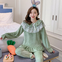 Load image into Gallery viewer, 2021 Winter Long Sleeve Cute Lace Princess Thick Warm Flannel Pajama Sets for Women Coral Velvet Sleepwear Homewear Home Clothes