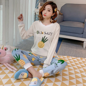 2021 Winter Long Sleeve Print Thick Warm Flannel Pajama Sets For Women Coral Velvet Sleepwear Suit Pyjamas Homewear Home Clothes