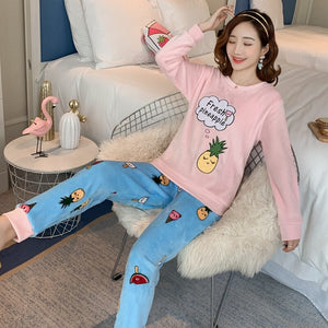 2021 Winter Long Sleeve Print Thick Warm Flannel Pajama Sets For Women Coral Velvet Sleepwear Suit Pyjamas Homewear Home Clothes