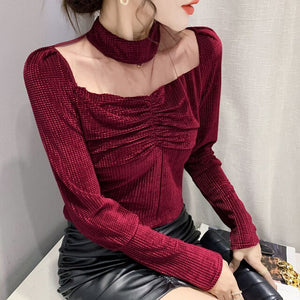 2021 Winter New Women's Tops Fashion Casual Stand Collar Velvet Puff Sleeve Mesh T-Shrt Elegant Slim Bottoming Shirt
