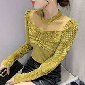 2021 Winter New Women's Tops Fashion Casual Stand Collar Velvet Puff Sleeve Mesh T-Shrt Elegant Slim Bottoming Shirt