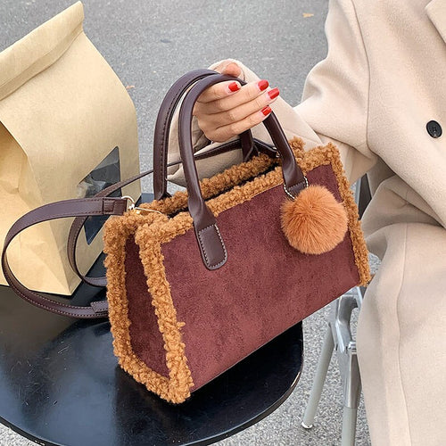 2021 Winter Square Quilted Scrub Leather Plush Shoulder Handbags for Women Fashion Designer Luxury Brand Crossbody Bag And Purse