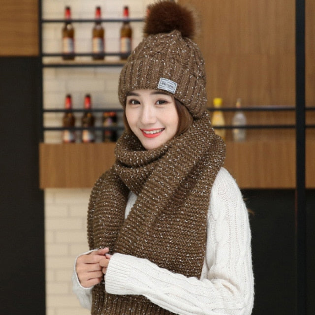 2021 Winter Wool Blend Knitted Hat Scarf 2Pcs Set for Women Skullies Beanies Caps Warm Thick Ears Knitted Hat Outdoor Ski Cap