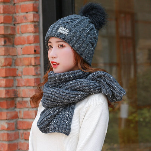 2021 Winter Wool Blend Knitted Hat Scarf 2Pcs Set for Women Skullies Beanies Caps Warm Thick Ears Knitted Hat Outdoor Ski Cap
