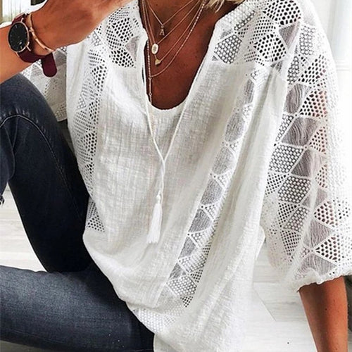 2021 Women Blouse V-Neck Three Quarter Sleeve Casual Tops Hollow Out Loose Ladies Shirt Lace-up Office Work Wear Summer Blouse