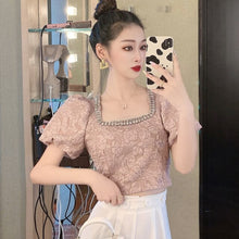 Load image into Gallery viewer, 2021 Women Fashion Clothing Vintage Bubble Sleeve Bead Square Collar Crop Top Woman Tshirts Camisas De Mujer Elegantes
