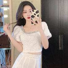 Load image into Gallery viewer, 2021 Women Fashion Clothing Vintage Bubble Sleeve Bead Square Collar Crop Top Woman Tshirts Camisas De Mujer Elegantes