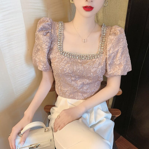 2021 Women Fashion Clothing Vintage Bubble Sleeve Bead Square Collar Crop Top Woman Tshirts Camisas De Mujer Elegantes