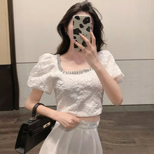 Load image into Gallery viewer, 2021 Women Fashion Clothing Vintage Bubble Sleeve Bead Square Collar Crop Top Woman Tshirts Camisas De Mujer Elegantes