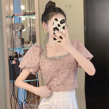 Load image into Gallery viewer, 2021 Women Fashion Clothing Vintage Bubble Sleeve Bead Square Collar Crop Top Woman Tshirts Camisas De Mujer Elegantes