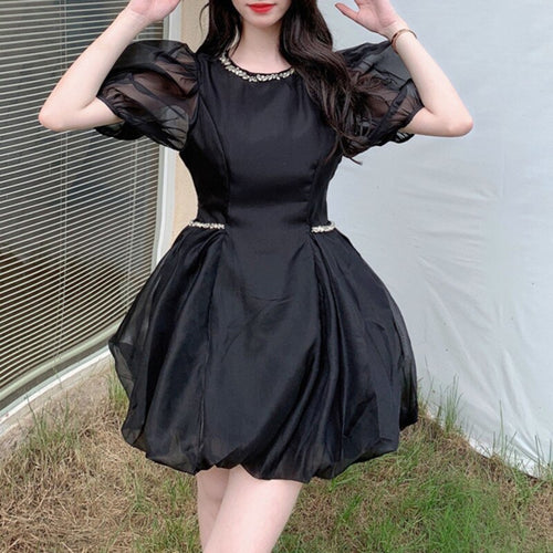 2021 Women French Mesh Temperament Fashion Designer Bright Diamond Dress Elegant Korean Chic Mini Party Vestidos Mujer New Robe