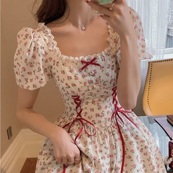 2021 Women Kawaii Dress Lace Up Summer Patchwork Japanese Sweet Party Mini Dress Short Sleeve Princess Chic Korean Bandage Dress