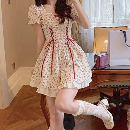 2021 Women Kawaii Dress Lace Up Summer Patchwork Japanese Sweet Party Mini Dress Short Sleeve Princess Chic Korean Bandage Dress