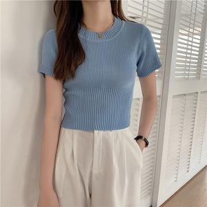 2021 Women Knit T Shirts Jumper Tops Knit Short Sleeve Woman Slim Sweaters Pullovers Simple Casual Tee Summer Shirt Female