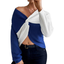 Load image into Gallery viewer, 2021 Women Knitted Sweater Autumn New Sexy Chic Pullovers Long Sleeve Twisted Front V Neck Splicing Sweater Korean Lady Knitwear