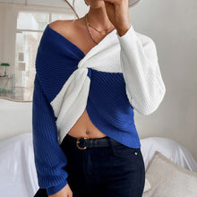 Load image into Gallery viewer, 2021 Women Knitted Sweater Autumn New Sexy Chic Pullovers Long Sleeve Twisted Front V Neck Splicing Sweater Korean Lady Knitwear